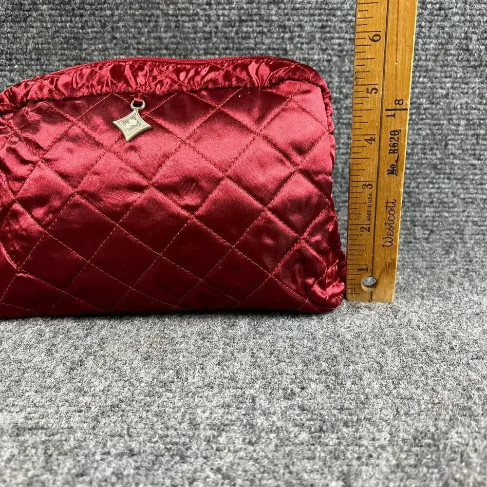 Lancome Quilted Cosmetic Makeup Bag Red Satin Zipper New